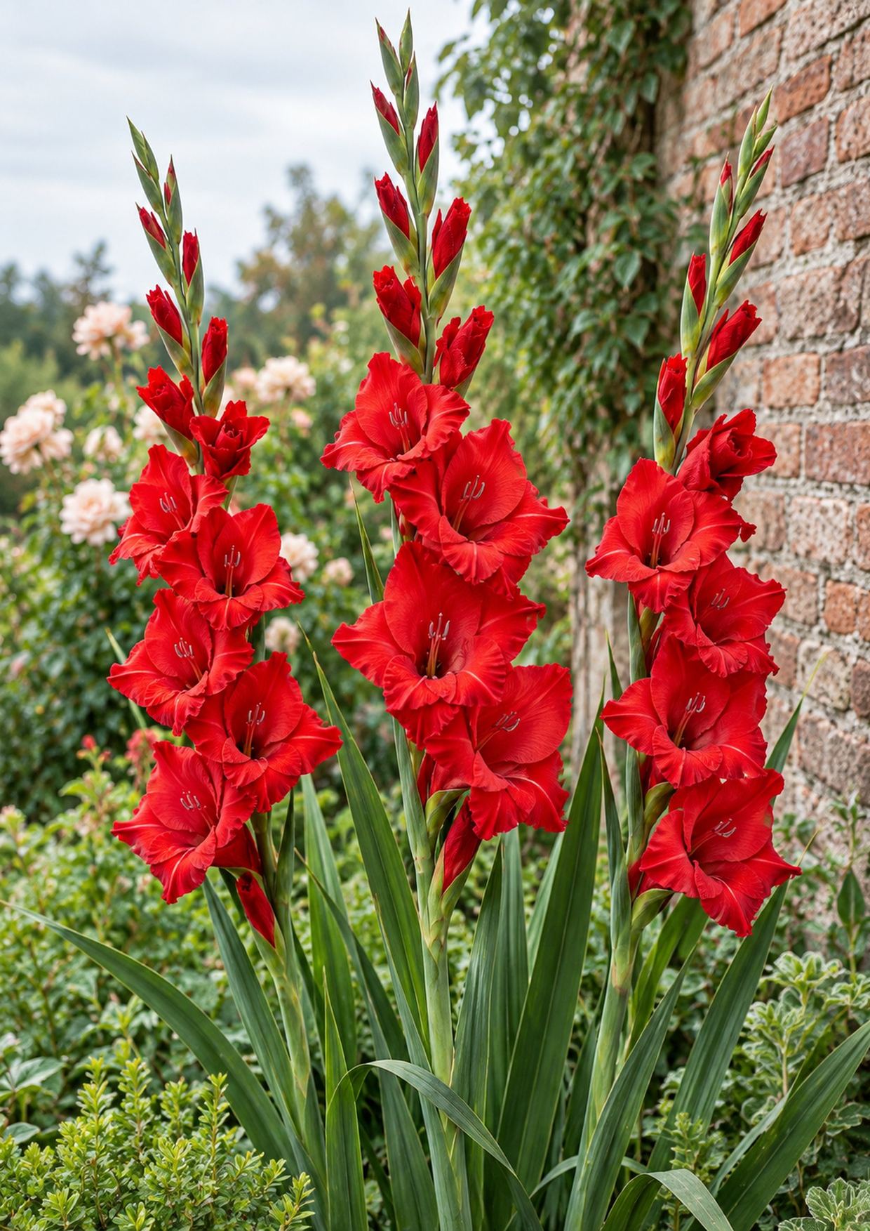 Tres varas de gladiolo Red Balance, rojo intenso, junto a un muro de ladrillo